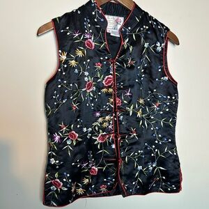 Peony oriental sleeveless Shanghai silky floral embroidered jacket, size 38